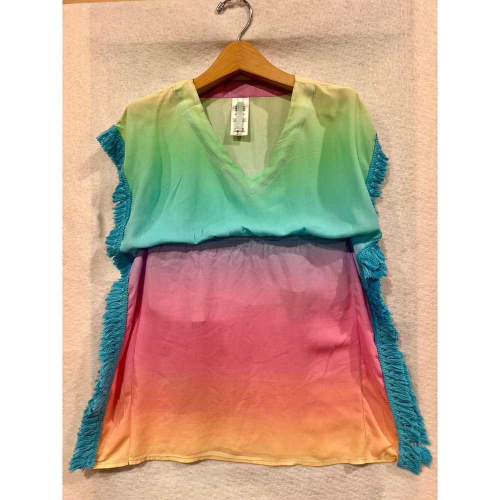 Breaking Waves Girls Rainbow Ombre Fringe Swim Cover Up Kaftan Size 6/6X